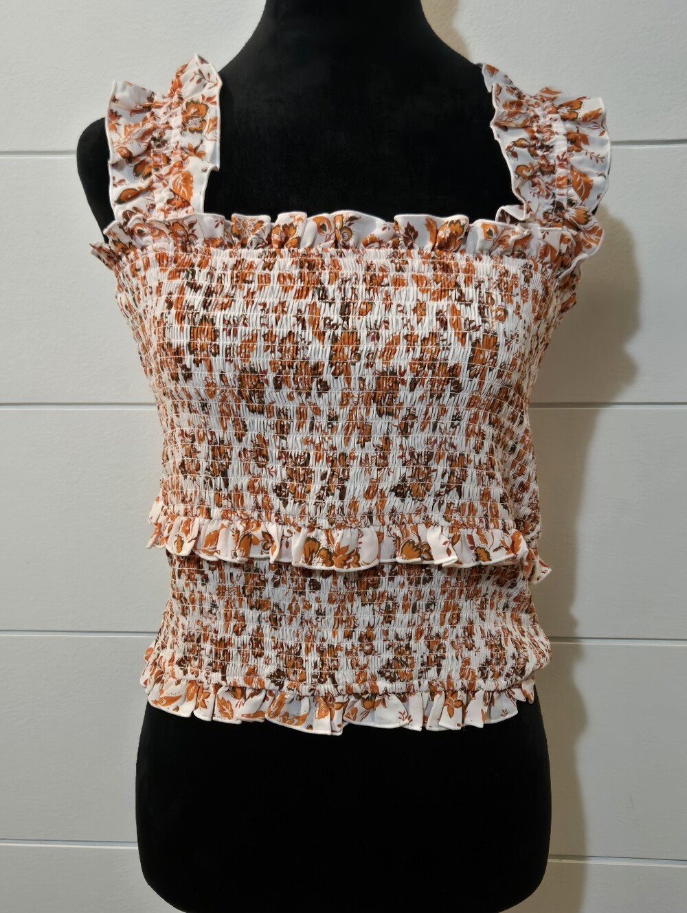 A Loves A White and Orange Floral Smocked Ruffle Tank